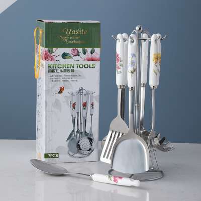 Wholesale 7Pcs Floral Ceramic Handle Stainless Steel Utensil Cooking Set Kitchen Utensils From China