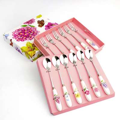 Graceful Gift Box Tea Spoon Set Fork Set Flatware Cutlery Stainless Steel Spoon Fork Cutlery Set With Ceramic Handle