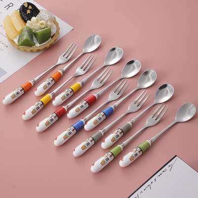 Cute Porcelain Handle Tea Coffee Cake Fork Spoon Set Sale Stainless Steel Cutlery Set For Restaurant