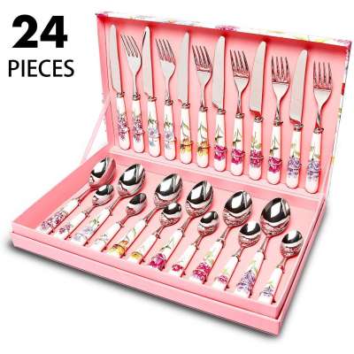 Royal Ceramic Handle Dinner Knife Fork Tea Spoon Set Banquet Korean French Cutlery 24 Pcs Stainless Steel Cutlery Set With Case