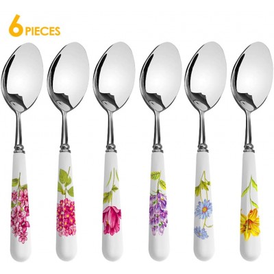 Wholesale Cute Ceramic Floral Handle Cutlery Custom Stainless Steel Spoon China Bone Handle Flatware Luxury Cutlery Spoon Set