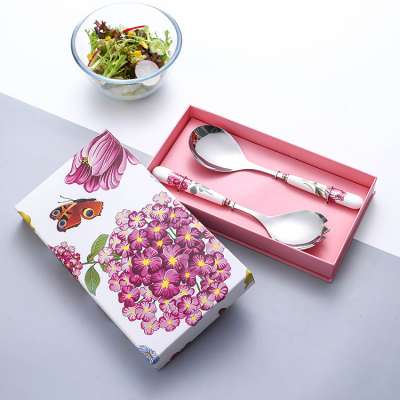 Novel Design Graceful Flower Decal Food Grade Ceramic Handle Stainless Steel Salad Fork And Spoon Set Salad Spoon