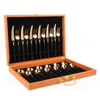 gold cutlery set with Orange pu leathergift box,24pcs flatware sets 18/10 stainless steel