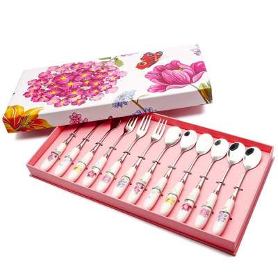 Exquisite Polish Dessert Fork Set Coffee Spoon Set Stainless Steel Cutlery Ceramic Handle Tea Spoon Fork Set